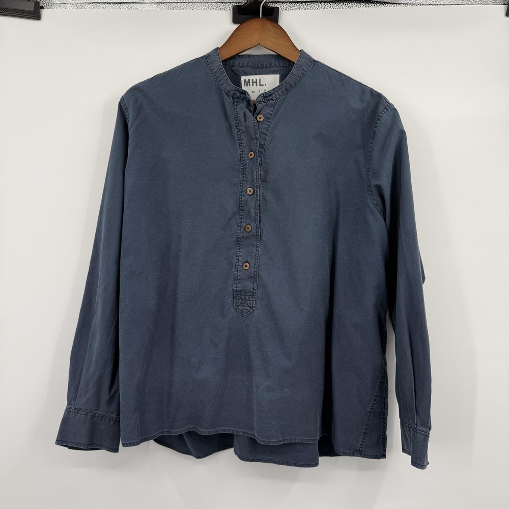 MHL Margaret Howell Tunic Shirt Top Womens Large Blue Henley Cotton popover